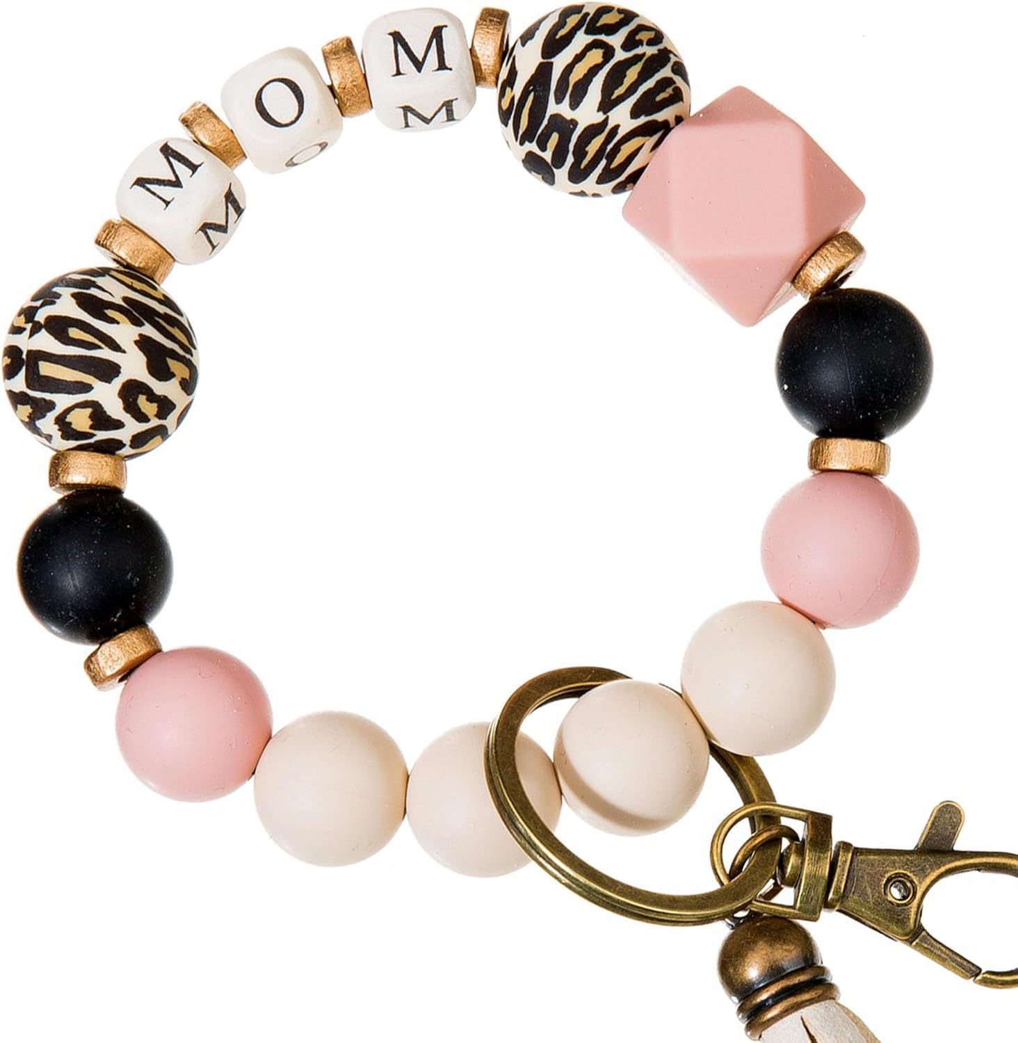 Keychain Bracelet for Women, Key Chain Holder for Car Keys, Leopard Silicone Wood Beaded Key Wristlet for Mom image 3