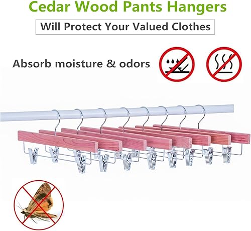 Miniatura 5 de Amber Home Paquete de 12 perchas para pantalones de madera de cedro rojo americano, perchas de madera de cedro natural con 2 clips ajustables,