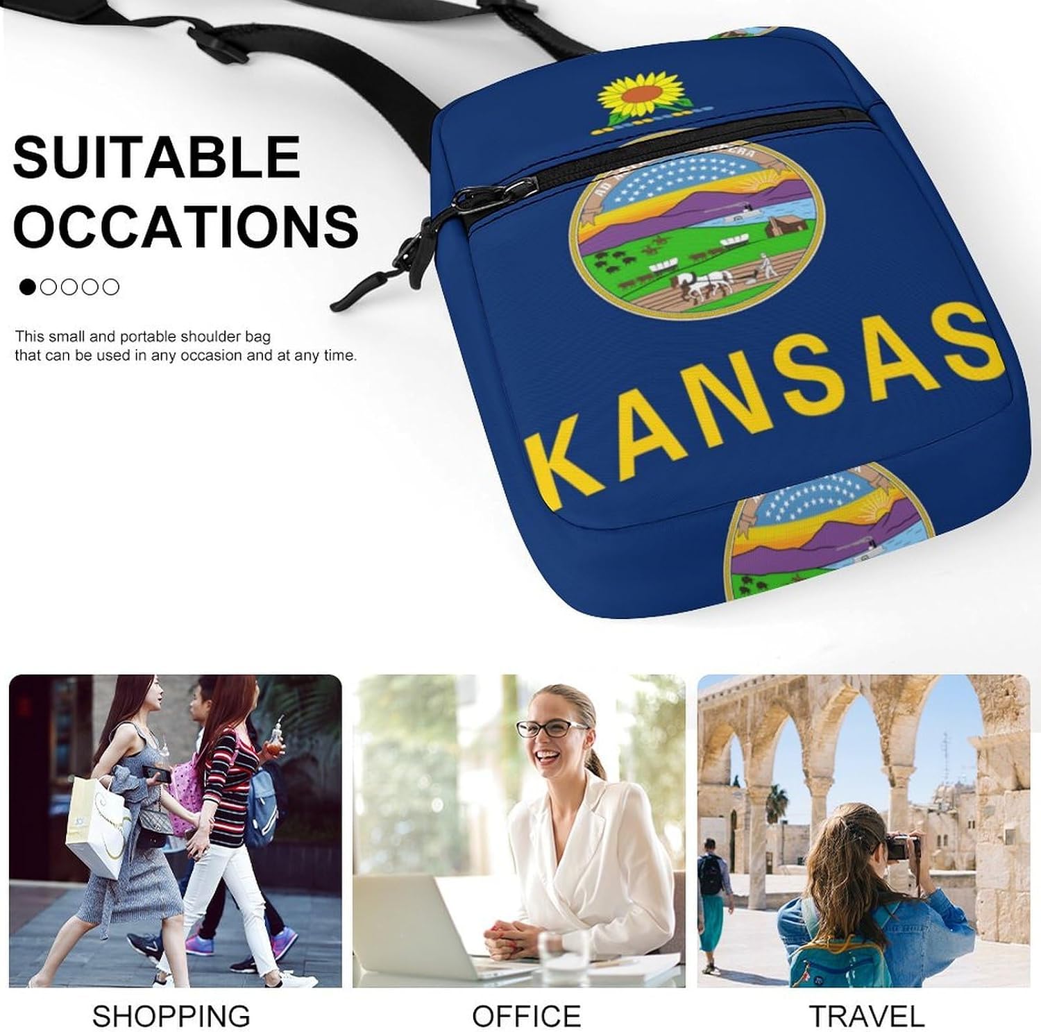 Flag of Kansas U.S.A. Small Crossbody Bag Sling Shoulder Satchel | for women men,work travel workout,detachable and adjustable shoulder strap