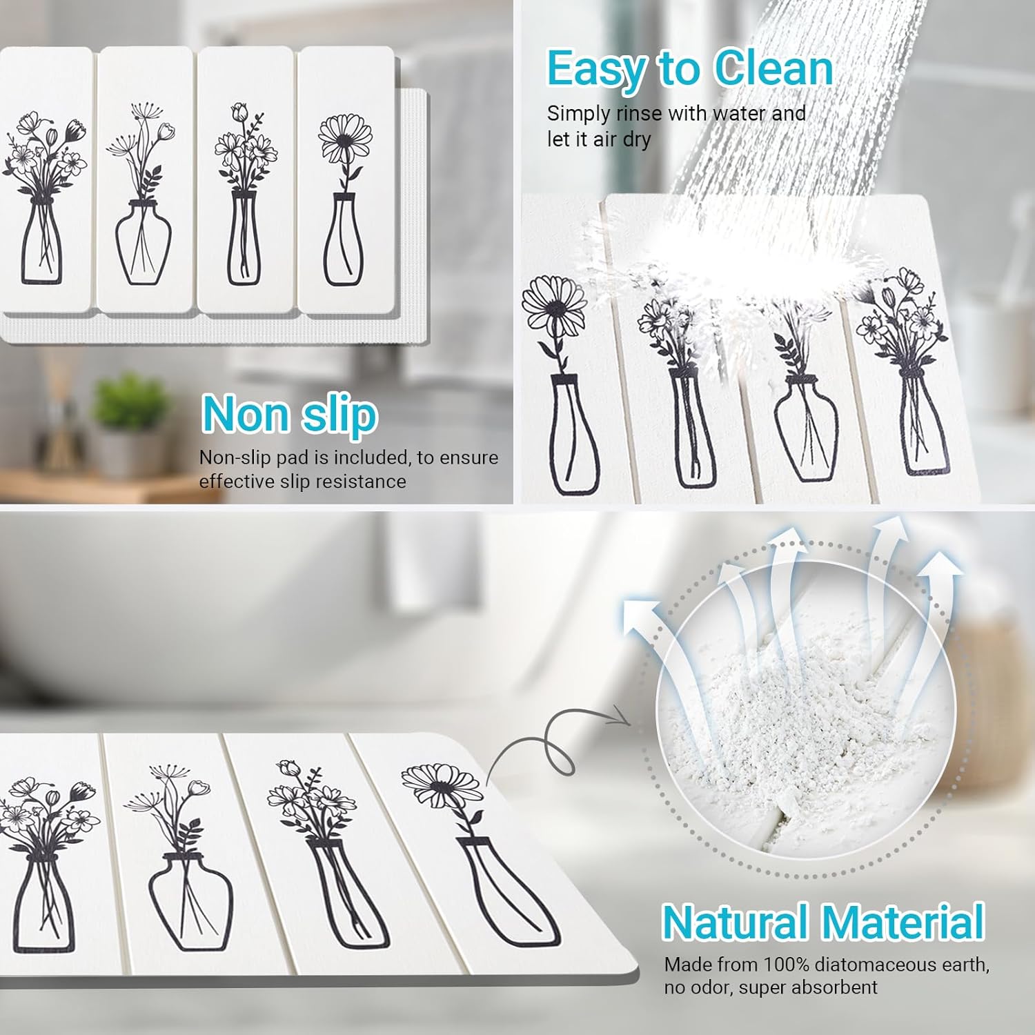 Foldable Stone Bath Mat - 24x16 Inch, Diatomaceous Earth Fast Absorbent Large Black and White Floral Farmhouse Stone Bath Mats for Bathroom Decor Quick Dry Non-Slip Shower & Bathtub & Drying Mat - Image 6