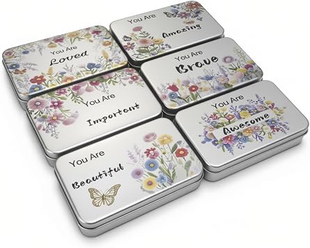 Goodma 6 Pack Rectangular Metal Tins Storage Organizer Gift Boxes, Silver | Inspirational Quotes & Flowers Image Pattern on Lid, 5.9 x 3.5 x 1.2 inch