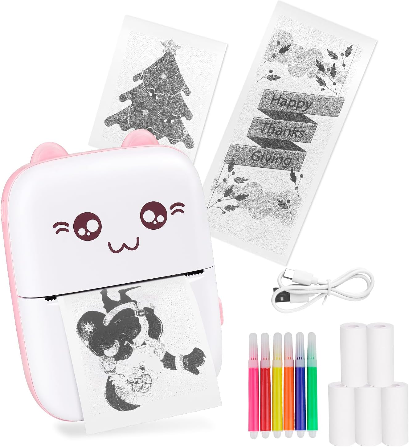 Mini Thermal Printer, Portable Photo Printer for Phone, Bluetooth Mini Label Printer, Sticker Maker Machine, Compatible with iOS and Android, with 5 Rolls Paper and 5 Pens (Pink)