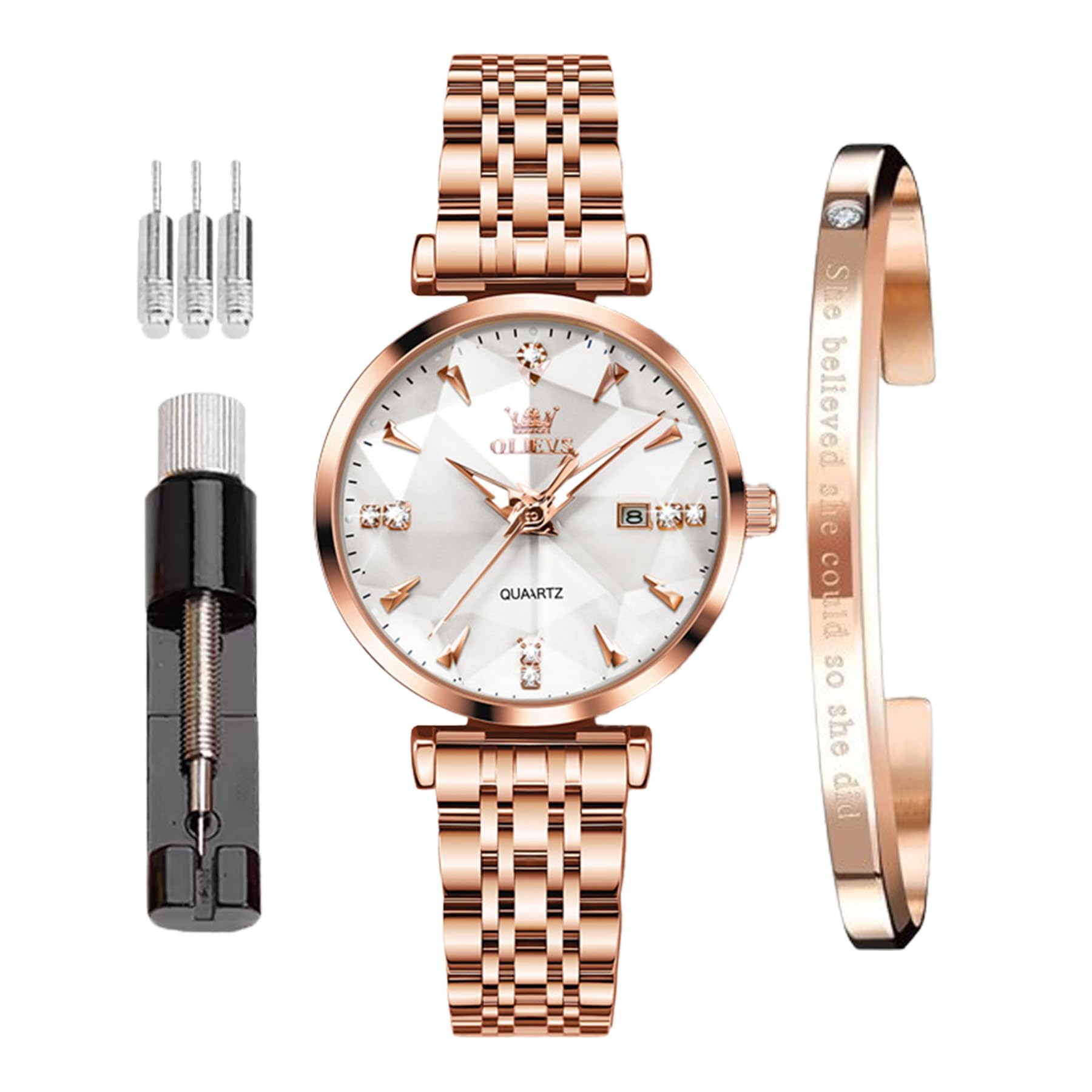 OLEVS Vrouwenhorloge Quartz Rose Gold Crystal Roestvrij Staal Mode Vrouwenhorloge Waterdichte Luxe Nachtlicht Datum Vrouwenhorloge (IN-5536- Ms - White Surface) (B0D9HMBHRR) Amazon Price History, Amazon Price Tracker