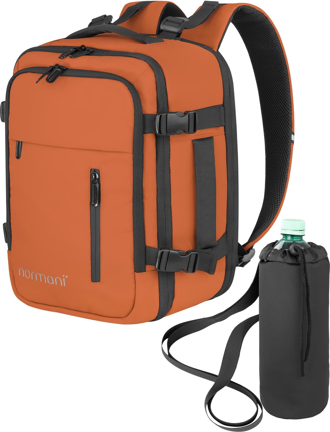 normani Handgepäck Reise-Rucksack 40x25x20-30 cm fürs Flugzeug vergrößerbar Cabin Bag mit zusätzlichen Taschen Orange mit Flaschentasche ONESIZE