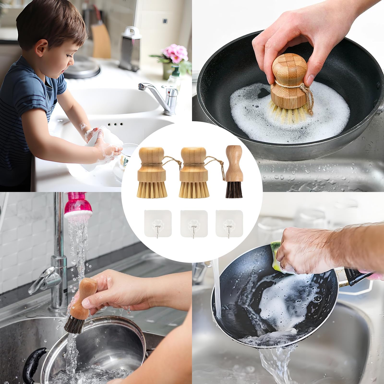 Juego de 6 cepillos de champiñones, con tres ganchos, respetuoso con el medio ambiente, cepillo de champiñones, cepillo de verduras, cepillo de bambú para patatas, limpieza de cocina, baño, limpieza