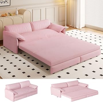 Newfun 66" Futon Sofa Bed, 3 in 1 Convertible Sleeper Sofa with Side Storage, Velvet Loveseat Bed, Pull Out Sofa Bed for Living Room, Small Space, Bedroom, Studio Pink