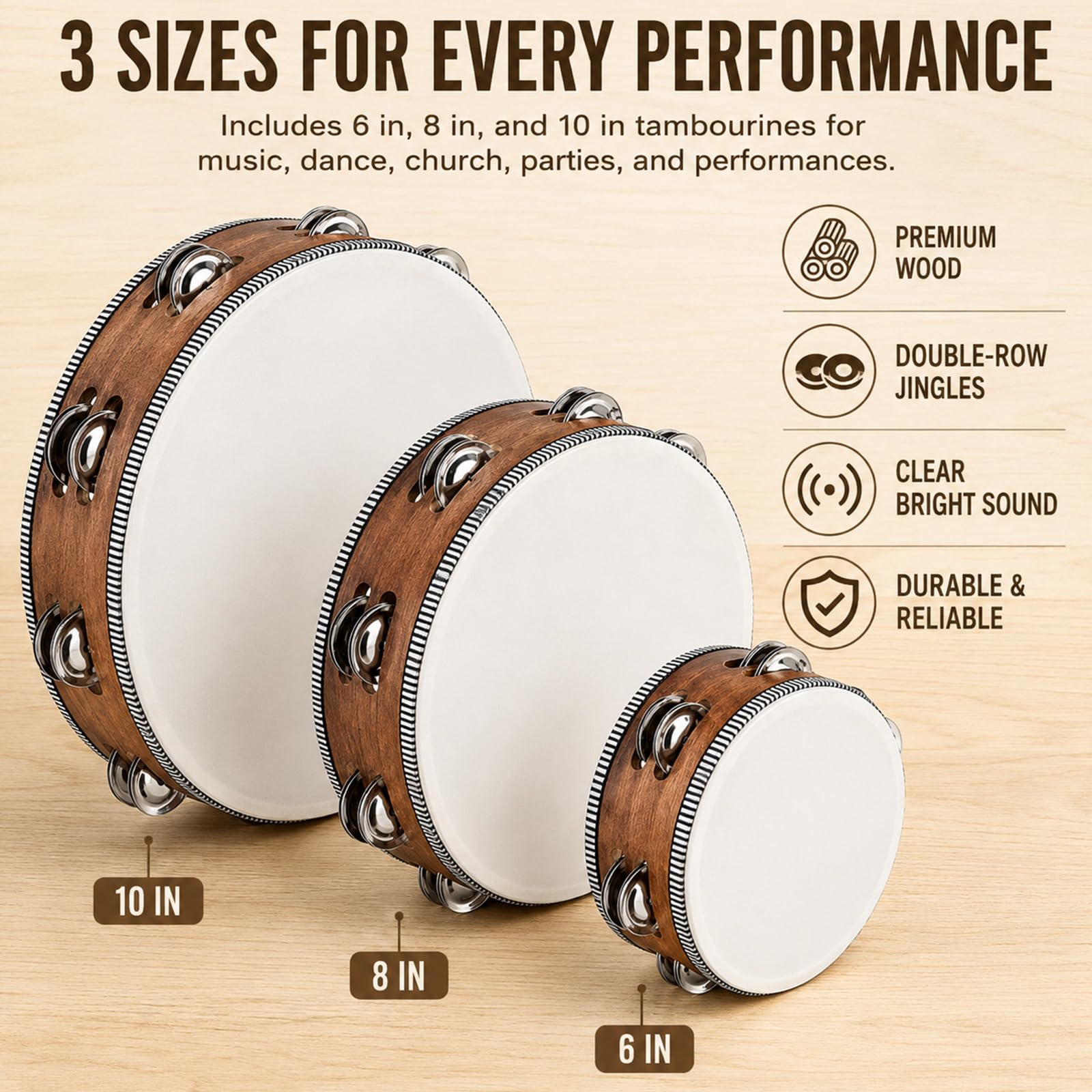 Boao Tamburin für Erwachsene, 15,2 cm, 20,3 cm, 25,4 cm, mit zweireihigem Schellen, Handschlagtrommel, Musikinstrument, Handglocke, Klatschtrommel, Holzmaserung, 6 Stück