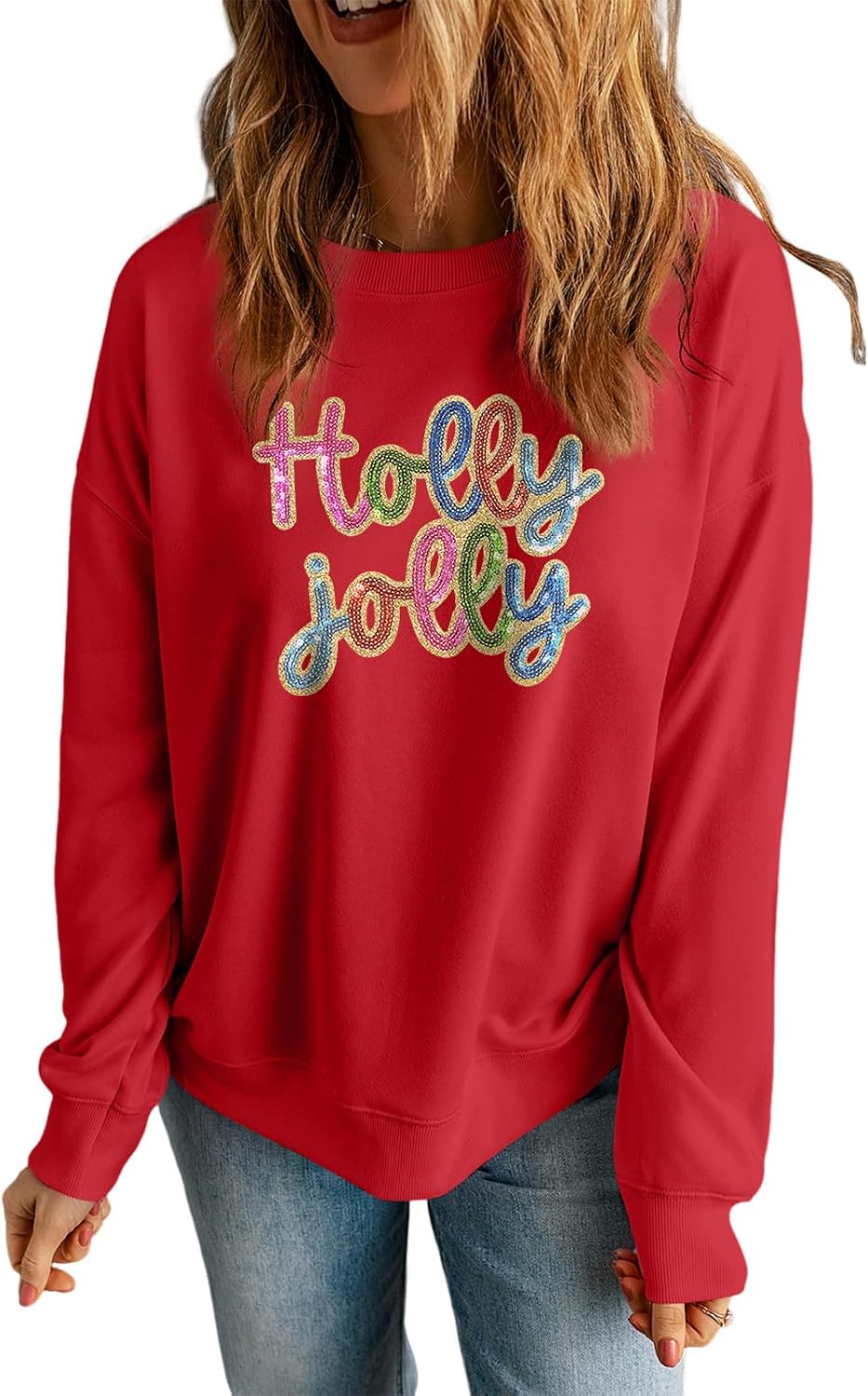 whoinshop Christmas Sweatshirts For Women Sequin Xmas Tops Orange Long Sleeve Shirts Crew Neck Casual Pullover Top