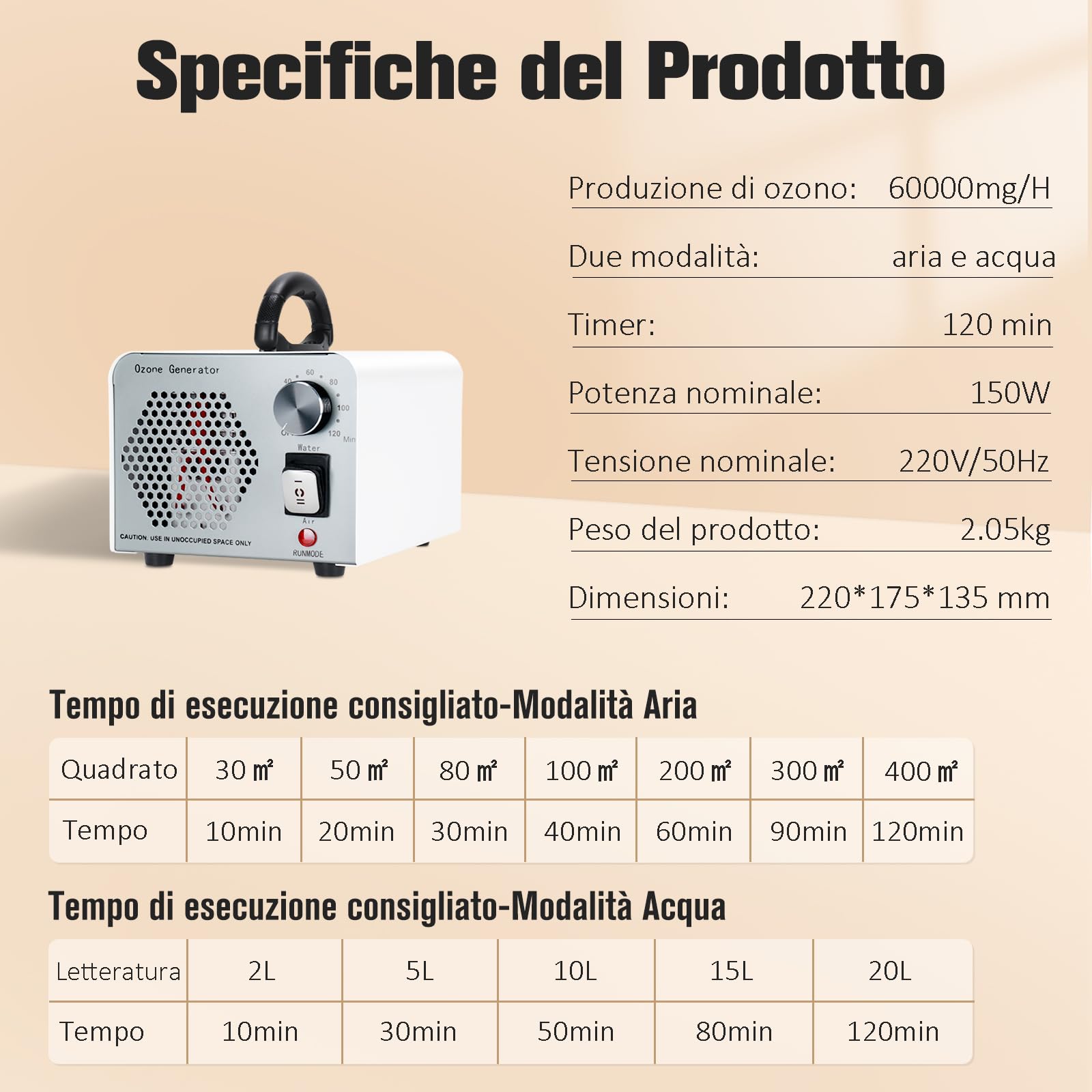 2 In 1 Generatore di Ozono 60000mg/H, Ozonizzatore per Ambienti con Modalità Acqua e Aria, O3 Purificatore d'Aria Deodorante con 120 Min Timer, Macchina Ozono per Casa Auto Frutta Verdura