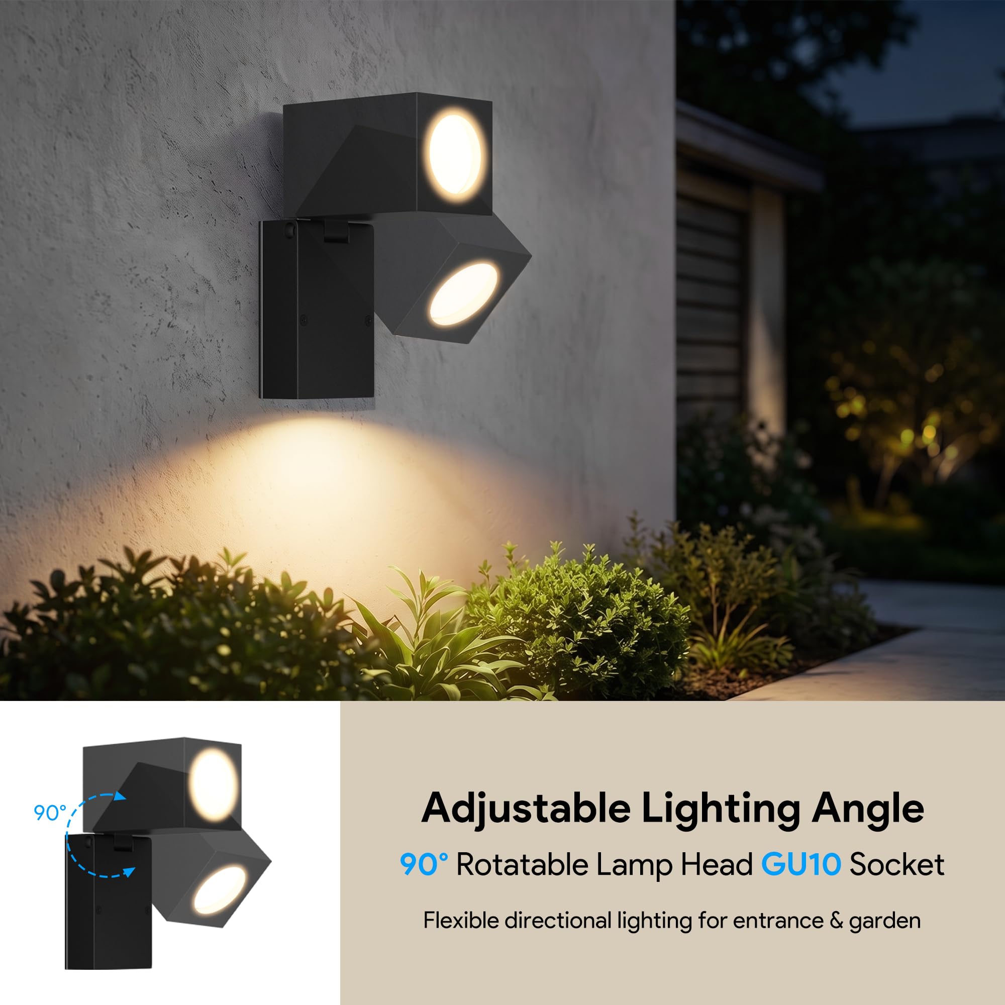 Aipsun 2 Stück Außenlampe Aussenleuchte Wand,IP65 Wasserdicht Außenwandleuchte Außenleuchte Aluminium Wandleuchten GU10/90 Grad drehbar Außen/Innen, GU10 Fassung ohne Leuchtmittel,Schwarz