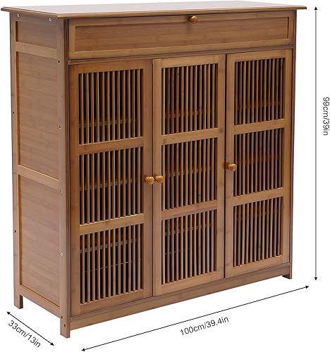 Miniatura 3 de Gabinete de almacenamiento de zapatos de bambú de 3 niveles, organizador de zapatos con 1 cajón y puerta de persiana, estante para zapatos para 25