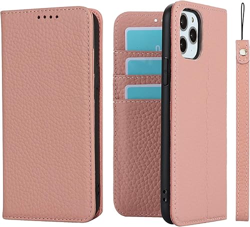 iCoverCase Funda tipo cartera para iPhone 11 Pro Max con tarjetero y correa para la muñeca, bloqueo RFID, de piel auténtica, funda magnética para