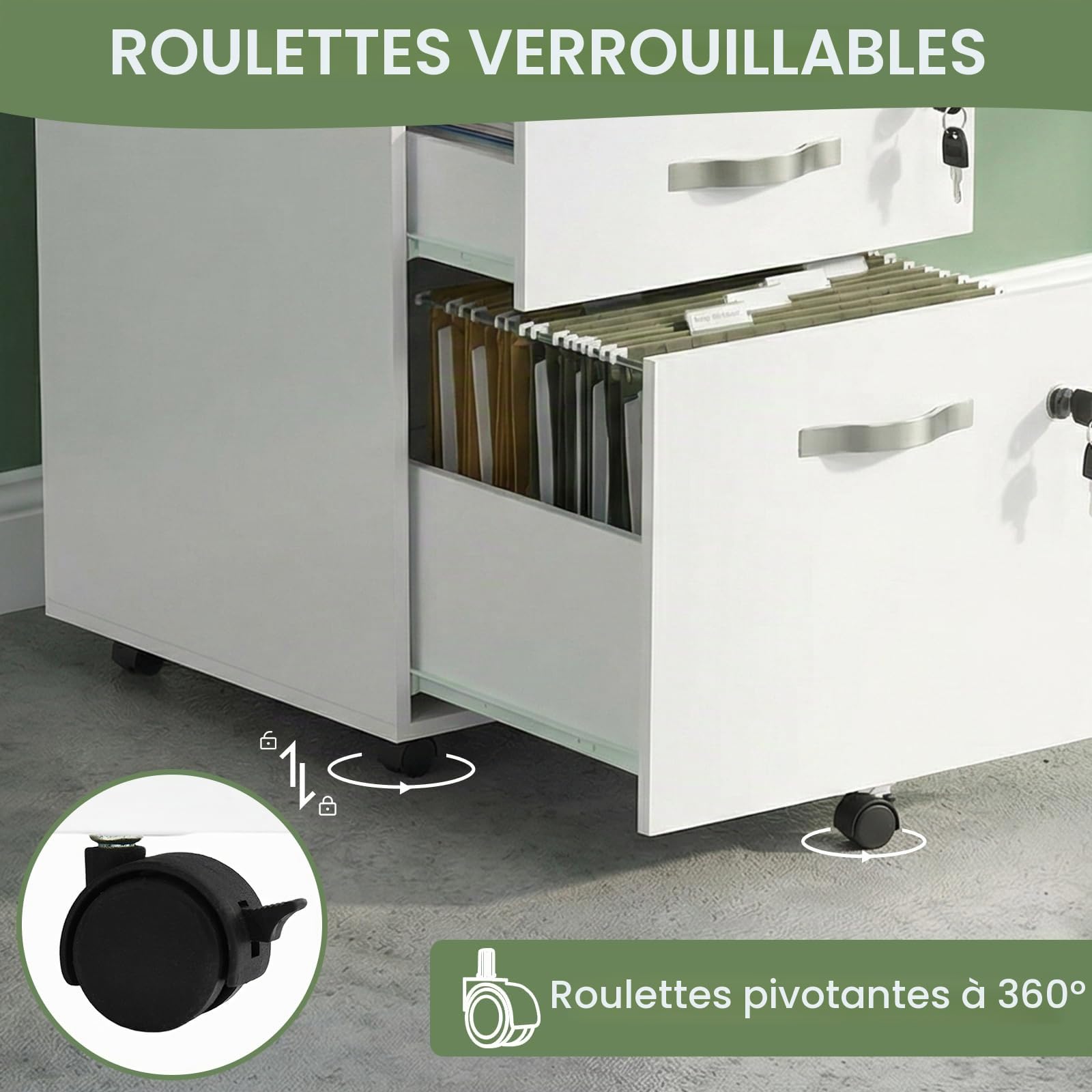 buybyroom Caisson de Rangement, Meuble Bureau à 5 roulettes, 2 Tiroirs, Verrouillable Meuble sous Bureau 53.5 cm Hauteur pour Dossiers Suspendus, Papier Administratif, Imprimante, Format A4, Blanc