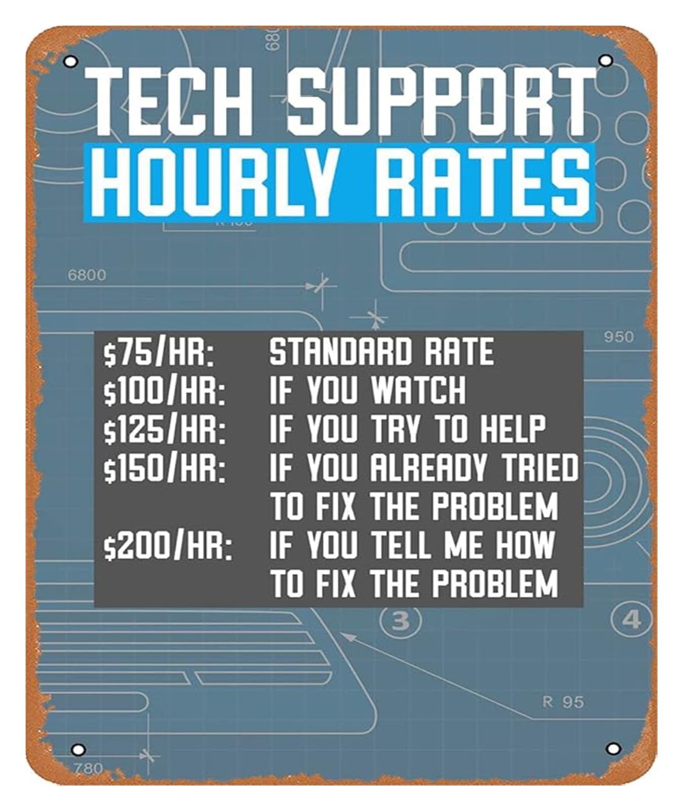 EKFBQBGW Geeky Tech Support Rate Metal Sign Funny Service Menu for Bar Pub Game Room Man Cave Gift Idea 8 X 12 inch