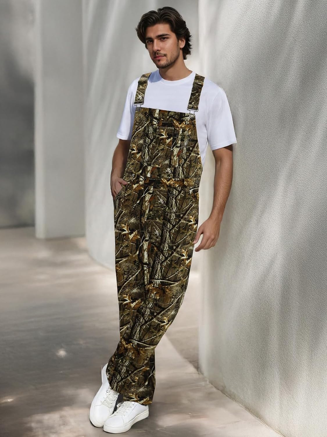 LONGBIDA Camo Overalls for Men Loose Fit Camouflage Jean Coveralls Work Denim Bib Jumpsuit with Zipper