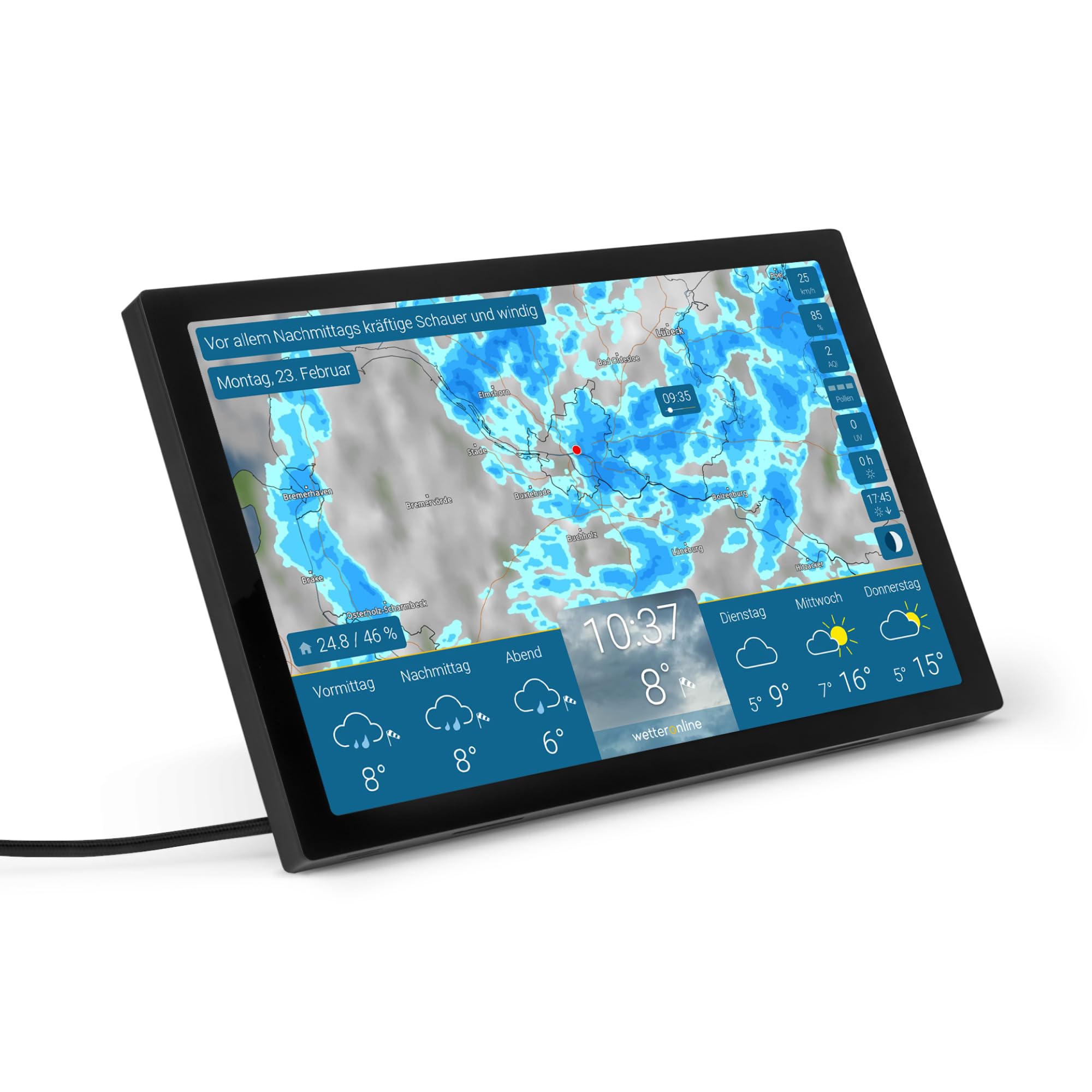 wetteronline home 4 WetterDisplay, WLAN-Wetterstation mit WetterRadar: Wetterfilm auf großem HD-Farbdisplay, einfache Bedienung, edles Design, RegenRadar, Unwetterwarnungen, 14-Tage-Wettervorhersage