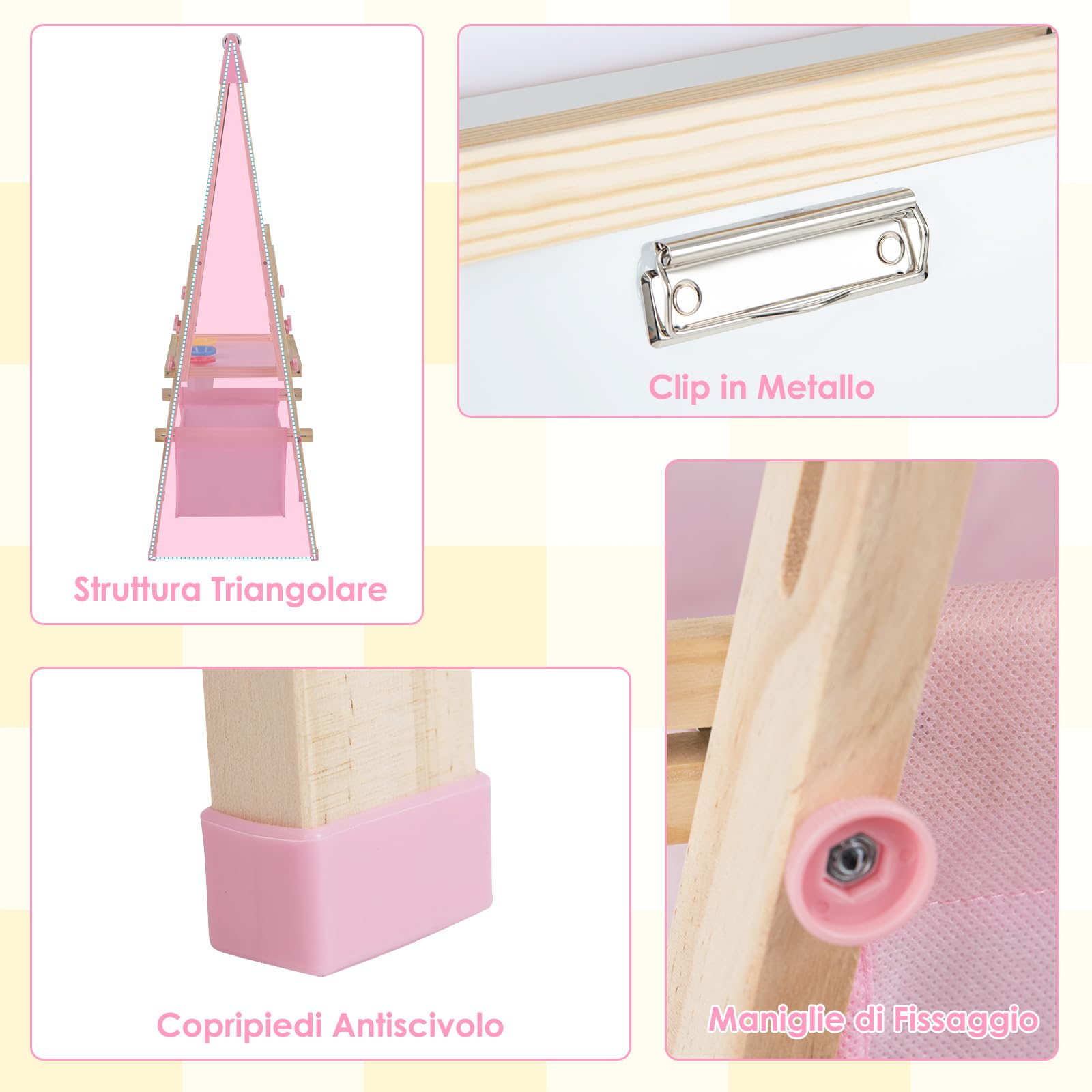 COSTWAY Cavalletto per Bambini Regolabile in Altezza in Legno, Cavalletto a Doppio Lato con Lavagna Magnetica e Bianca, con Scatola, Magneti con Lettere e Numeri, per Bambini 3-8 Anni (Rosa)