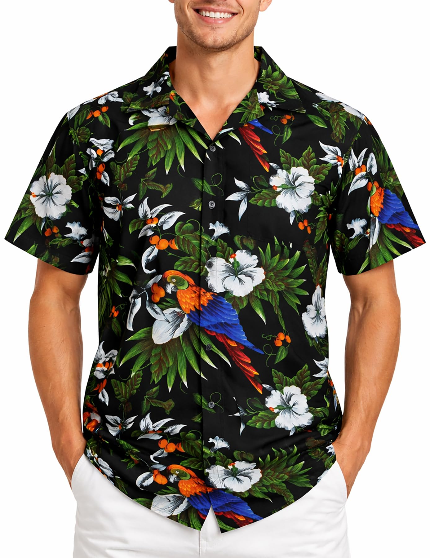 King Kameha Mens Hawaiian Shirt Short Sleeve, Cherryparrot, Black, XS