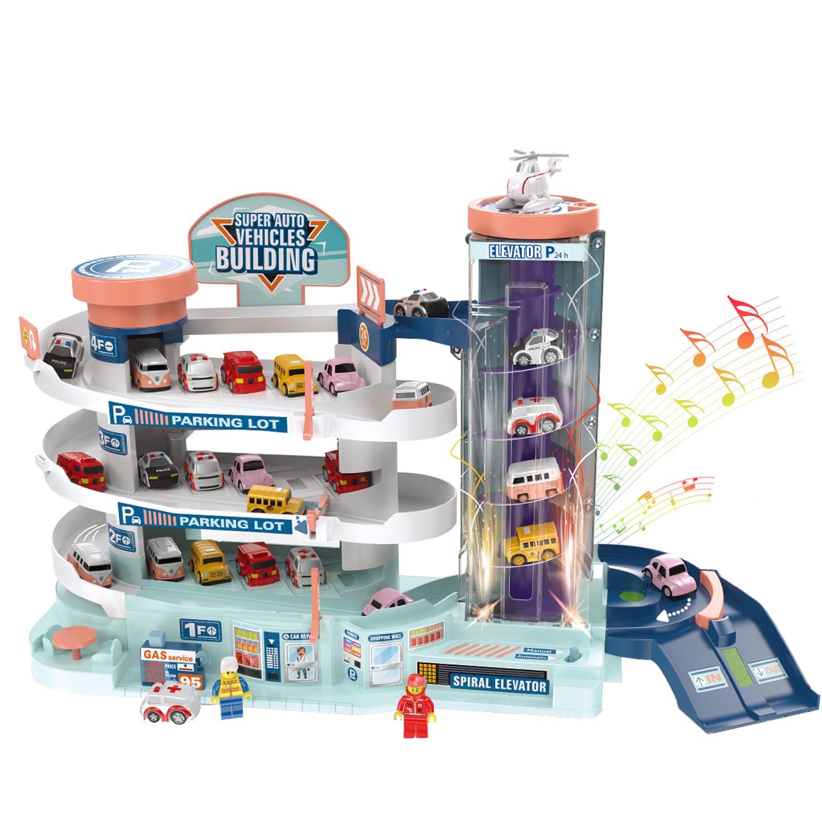 Car Parking Garage Toys, Garage Building Toy Set with Sound and Light, Car Track Parking Playsets with Ramp Elevator, for 3 4 5 6 Years Old Toddlers Kids Boys and Girls, 4 Small Cars 1 Plane