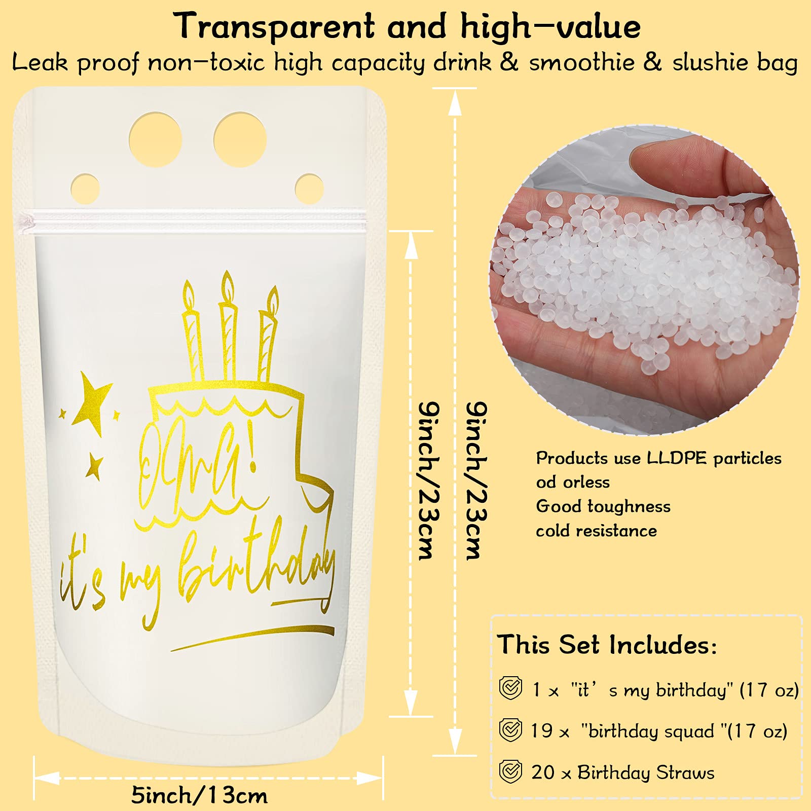 20 Pcs Birthday Drink Pouch Cups with 20 Straws, Plastic Drink Pouches