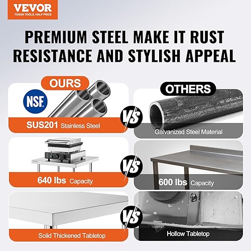 Miniatura 4 de VEVOR Mesa de preparación de acero inoxidable, 24 x 18 x 34 pulgadas, capacidad de carga de 640 libras, mesa de trabajo de metal resistente con 3