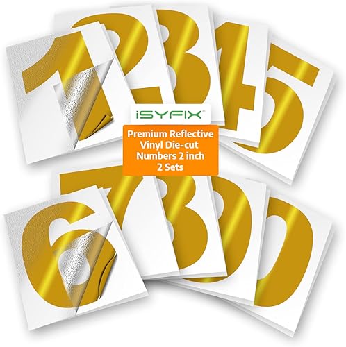 Vista 121 de iSYFIX - 2 juegos de calcomanías de números de 4 pulgadas, calcomanías de vinilo de alta calidad troqueladas y precortadas para buzón, ventanas, Oro