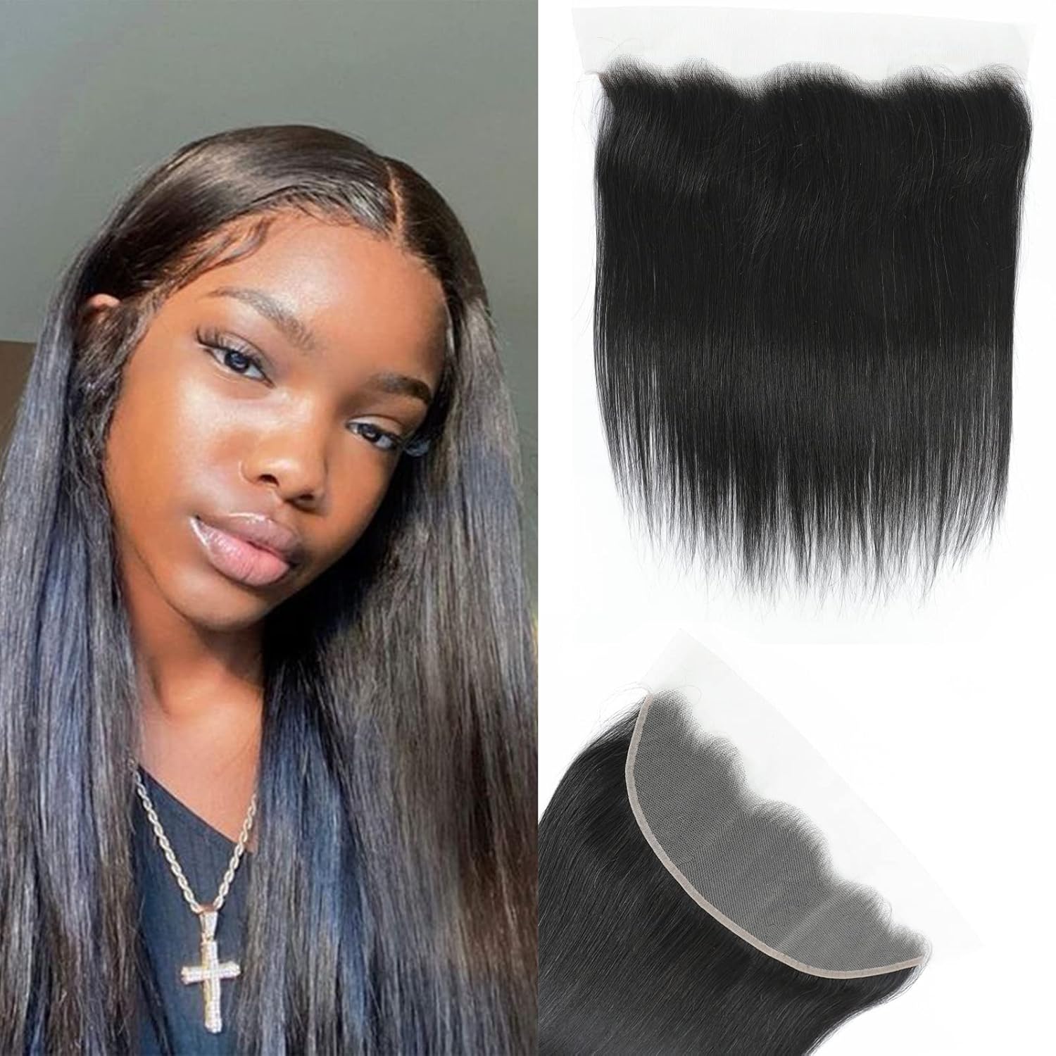 Straight Human Hair Lace Frontal Closure 13x4" Free Part Ear To Ear Malaysian Virgin Straight Hair Lace Front Closures With Baby Hair Pre Plucked Hairline 1B Color 8 Inch