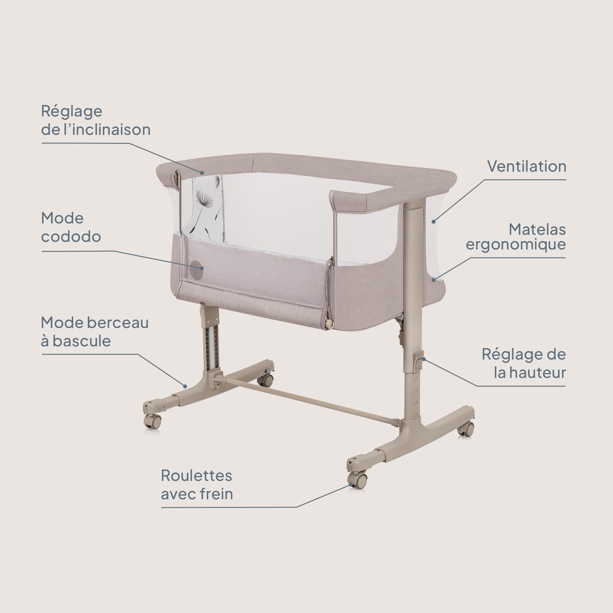 lionelo Aurora 3 en 1 Lit bébé jusqu'à 9 kg Cododo, Berceau Réglage de la Hauteur et de l’Inclinaison du Matelas 4 roulettes avec Freins Matelas Ergonomique Sac (Beige)