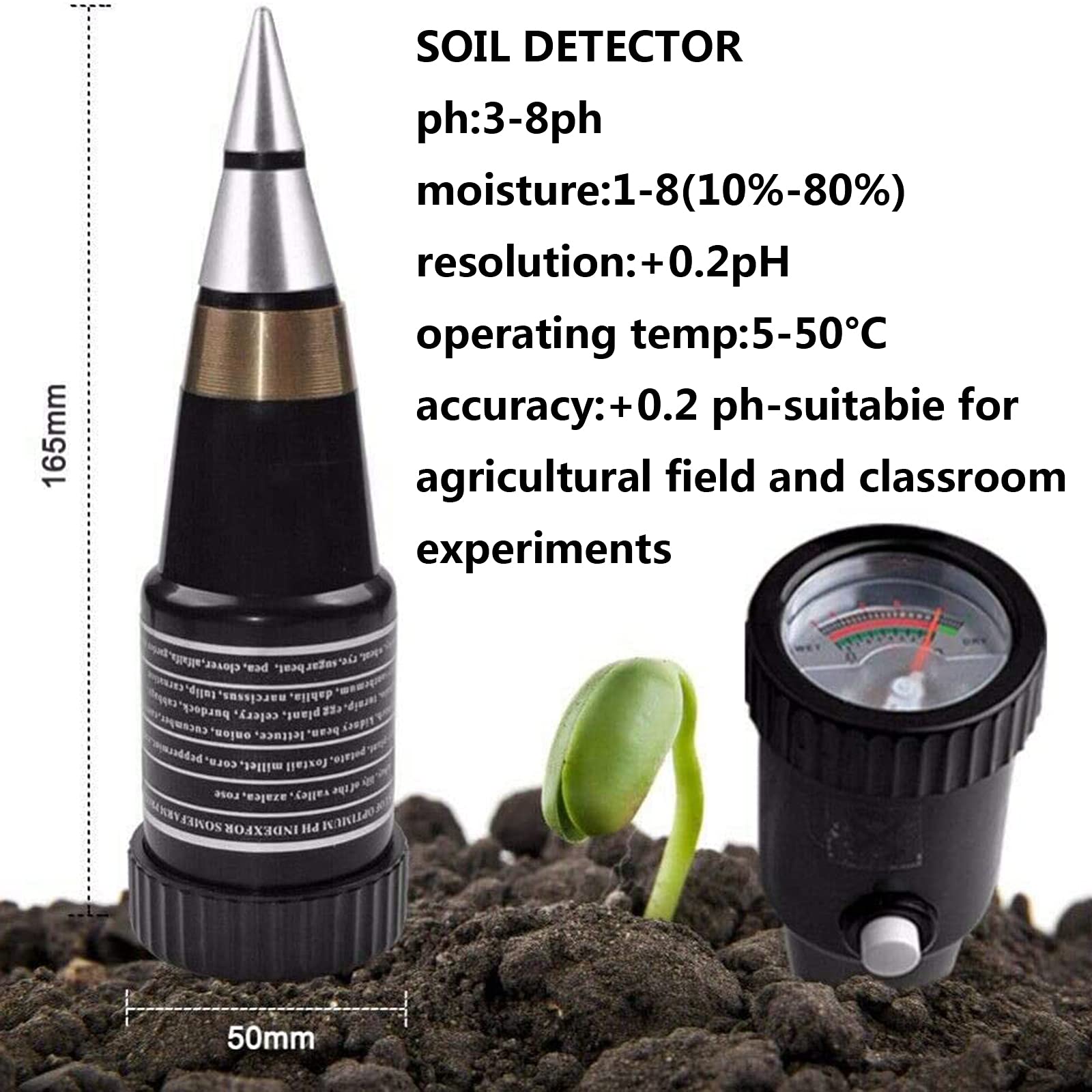 Medidor de Humedad del Suelo, portátil Instrumento de pH, Sensor de Humedad - No Necesita batería - Probadores de la Tierra para jardinería