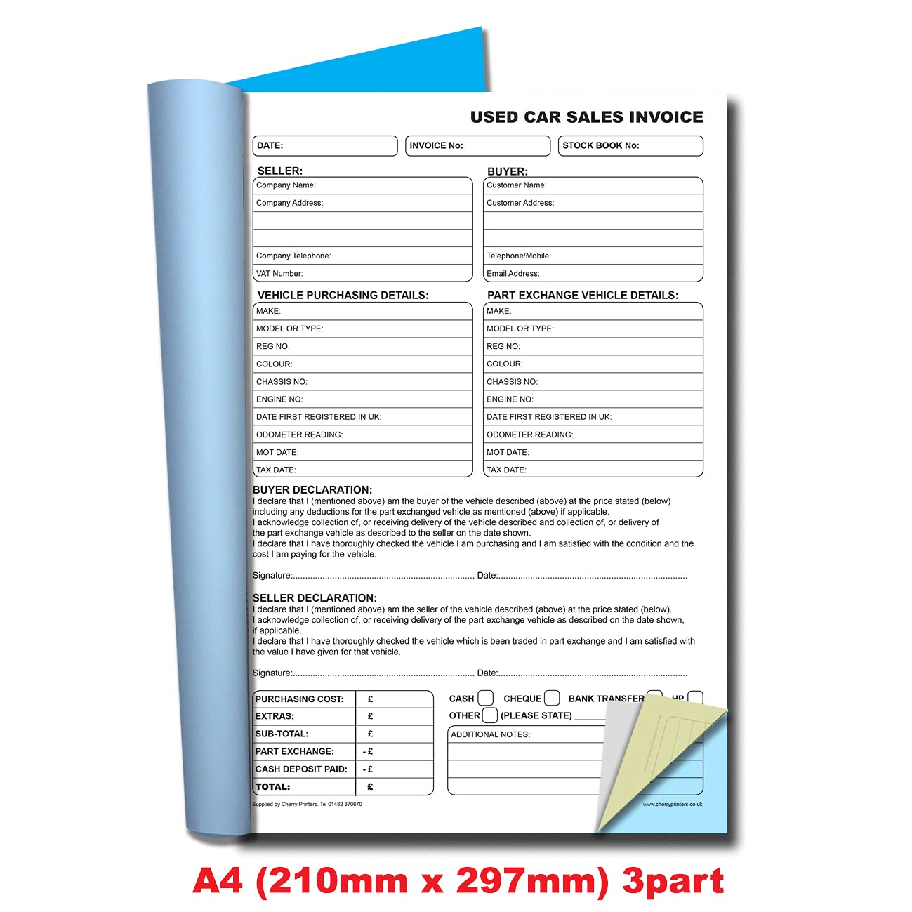 Cherry Carbonless NCR Used Car Sales Invoice Book A4 50 Sets (Triplicate 3 Part) - Image 2