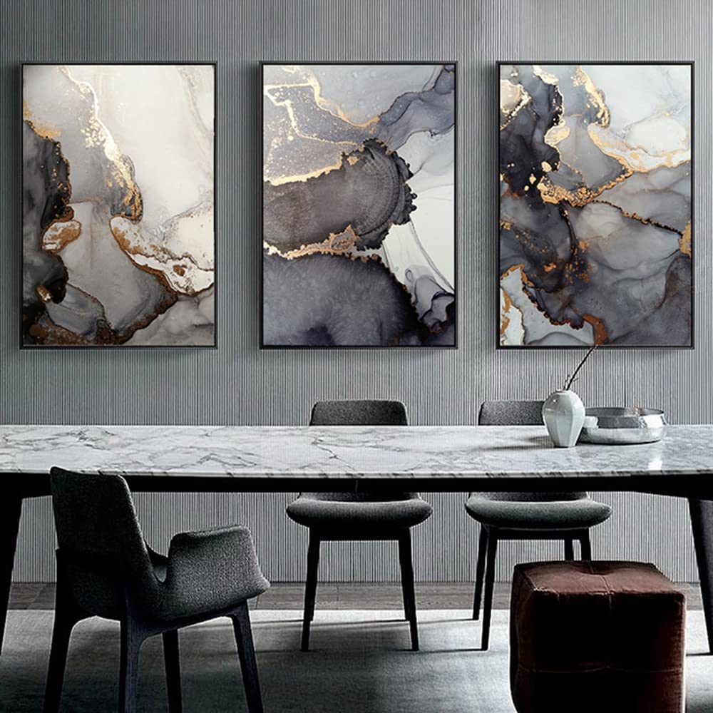 Abstrakte Leinwand-Wandbilder – 3-teilig, 30x40 Cm, Schwarz-Weiß-Grau Mit Gold | Marmor-Textur, Baumringe | Für Wohnzimmer, Bad, Büro
