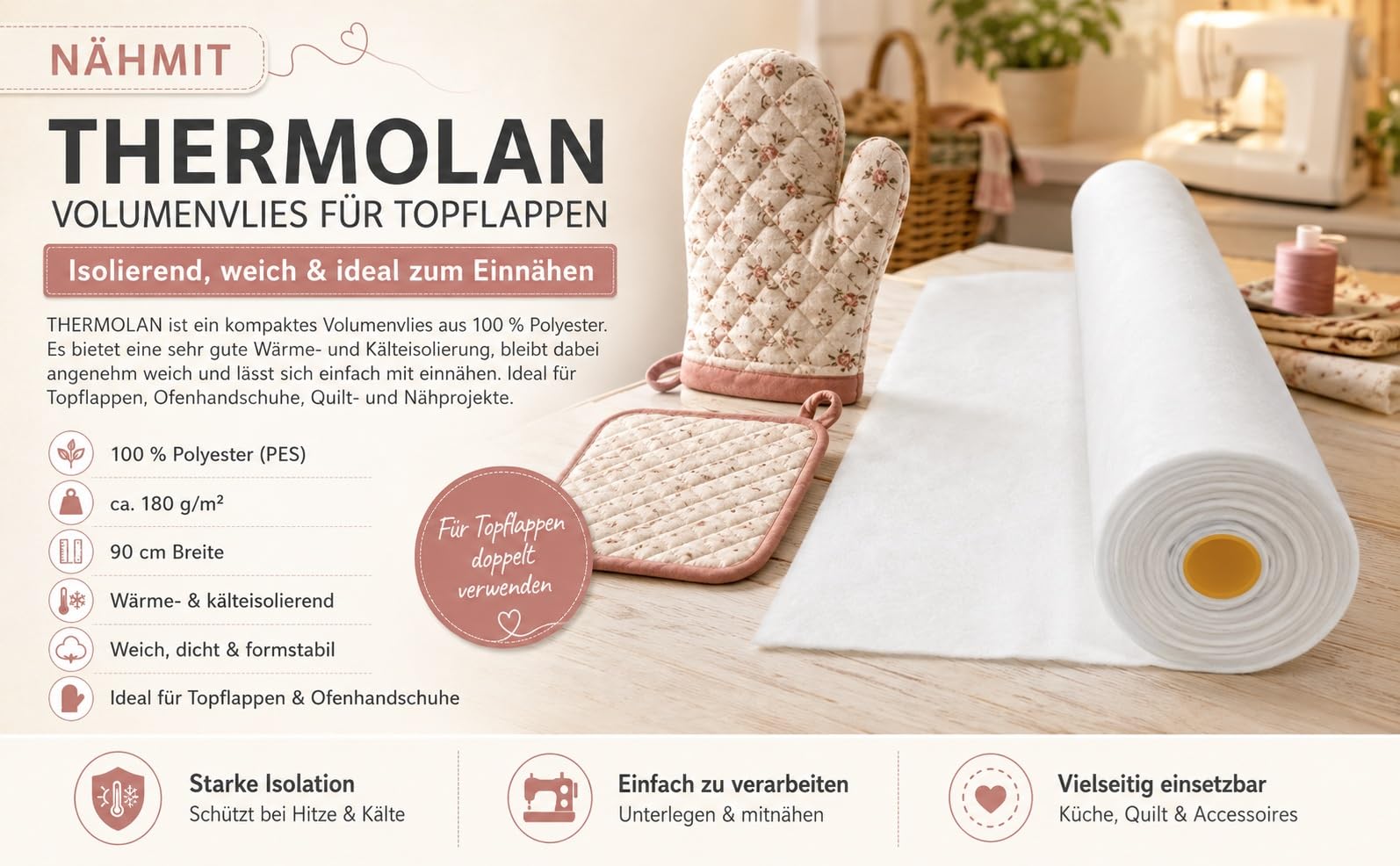 Nähmit THERMOLAN Volumenvlies 90 cm breit – wärmeisolierendes Nähvlies für Topflappen, Ofenhandschuhe, Quilt & Nähprojekte – 100% Polyester, Meterware (30)
