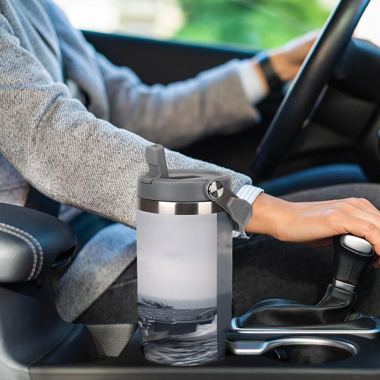 Aircraft Carrier Water Bottle 30 Oz Fits Car Cup Holder,Insulated Coffee Mug Large Capacity Car Cups,Stainless Steel Double Wall Sport Bottle for Travel Sports Gym