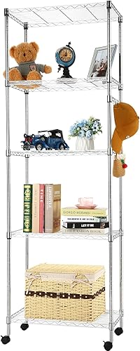 BATHWA 5-Shelf Wire Shelving Units, Sturdy Metal Shelf Chrome Organizer Wire Rack with 360 Wheels, Adjustable Utility Storage Shelves for Garage,