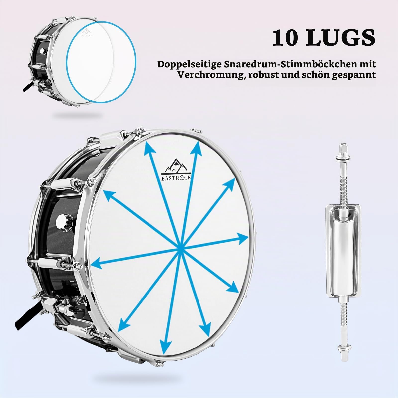 EASTROCK Snare Drum 14X5.5 Zoll für Schüler Anfänger mit Gigbag, Drumsticks, Schlagzeugtasten, beschichtetes Material Schlagzeugfell, Schwarz