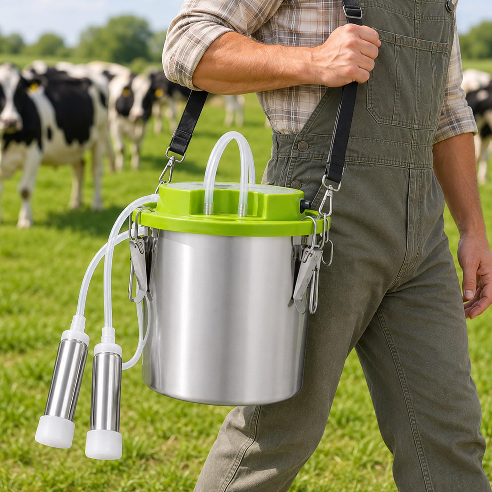 Ordeñadora Eléctrica para Vacas, Máquina De Ordeño Recargable con Cubo De Acero Inoxidable De 12 L, Parada Automática, Pezoneras Suaves Y Correa para Granja Lechera Sheep