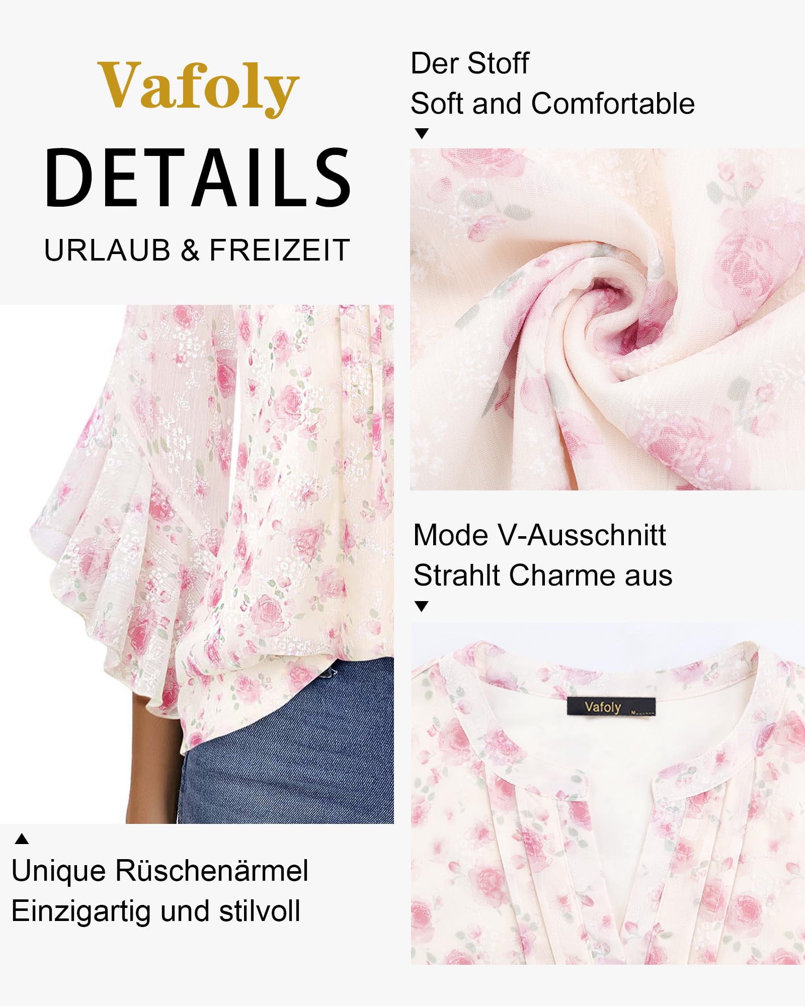 Vafoly Chemisier élégant en mousseline de soie à manches 3/4 et col en V pour femme