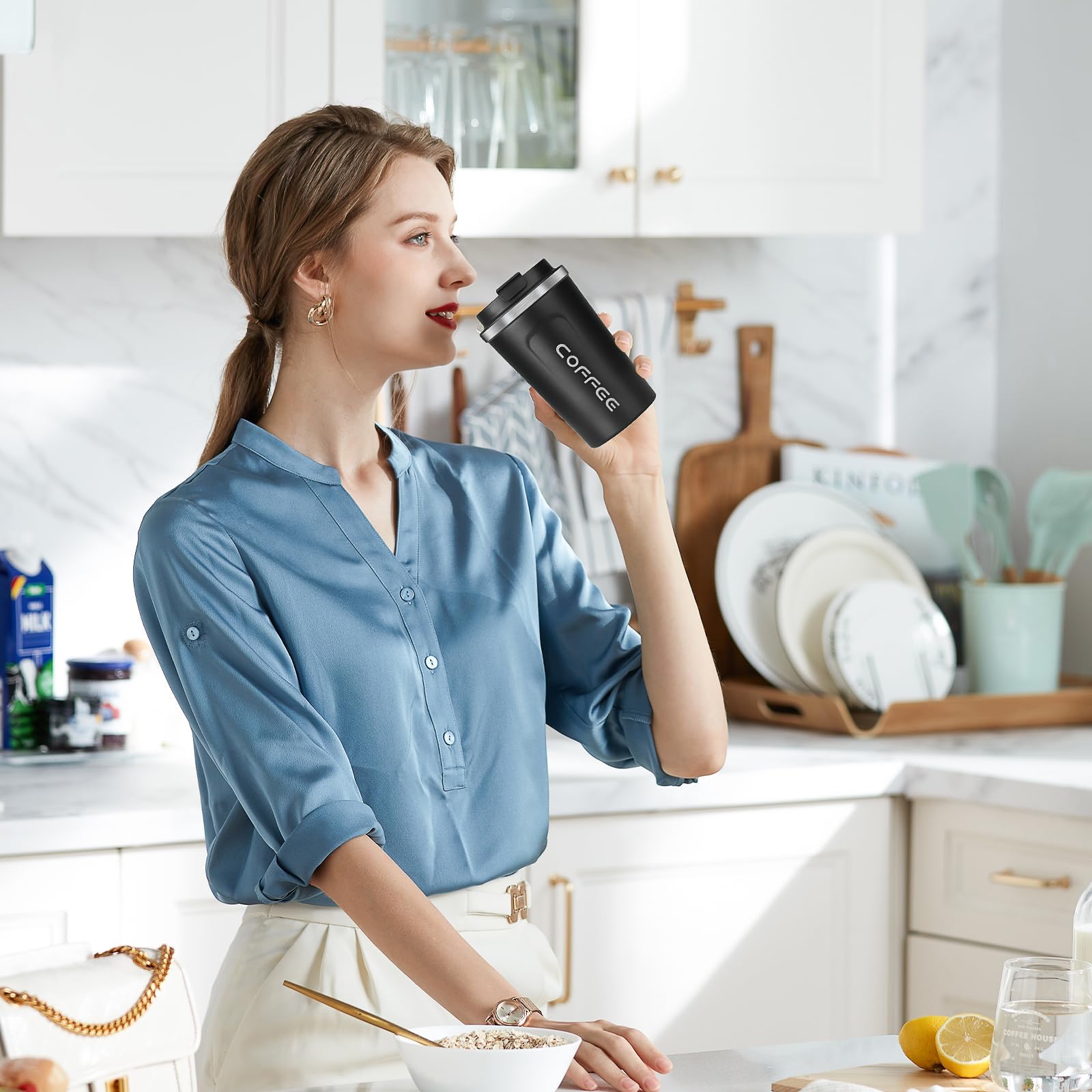 6 Stück Edelstahl Thermobecher 380 ml–Isolierter Kaffeebecher To Go für Heiß- und Kaltgetränke, Wiederverwendbare Trinkbecher mit Auslaufsicherem Deckel für Auto, Büro, Camping & Fitness (3 Farben)