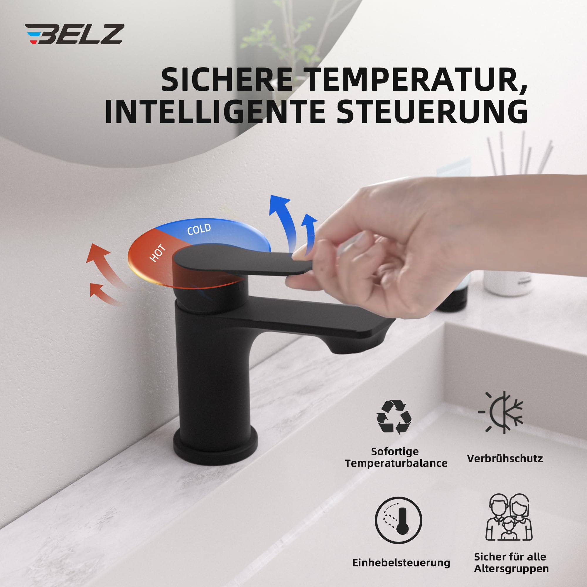BELZ Schwarz Wasserhahn Bad,Einhebel Waschtischarmatur 86mm | Einfache G3/8 Einlochmontage,Inklusive flexibler Schläuche.Leise,Messing,Rostfrei, pflegeleicht & dicht