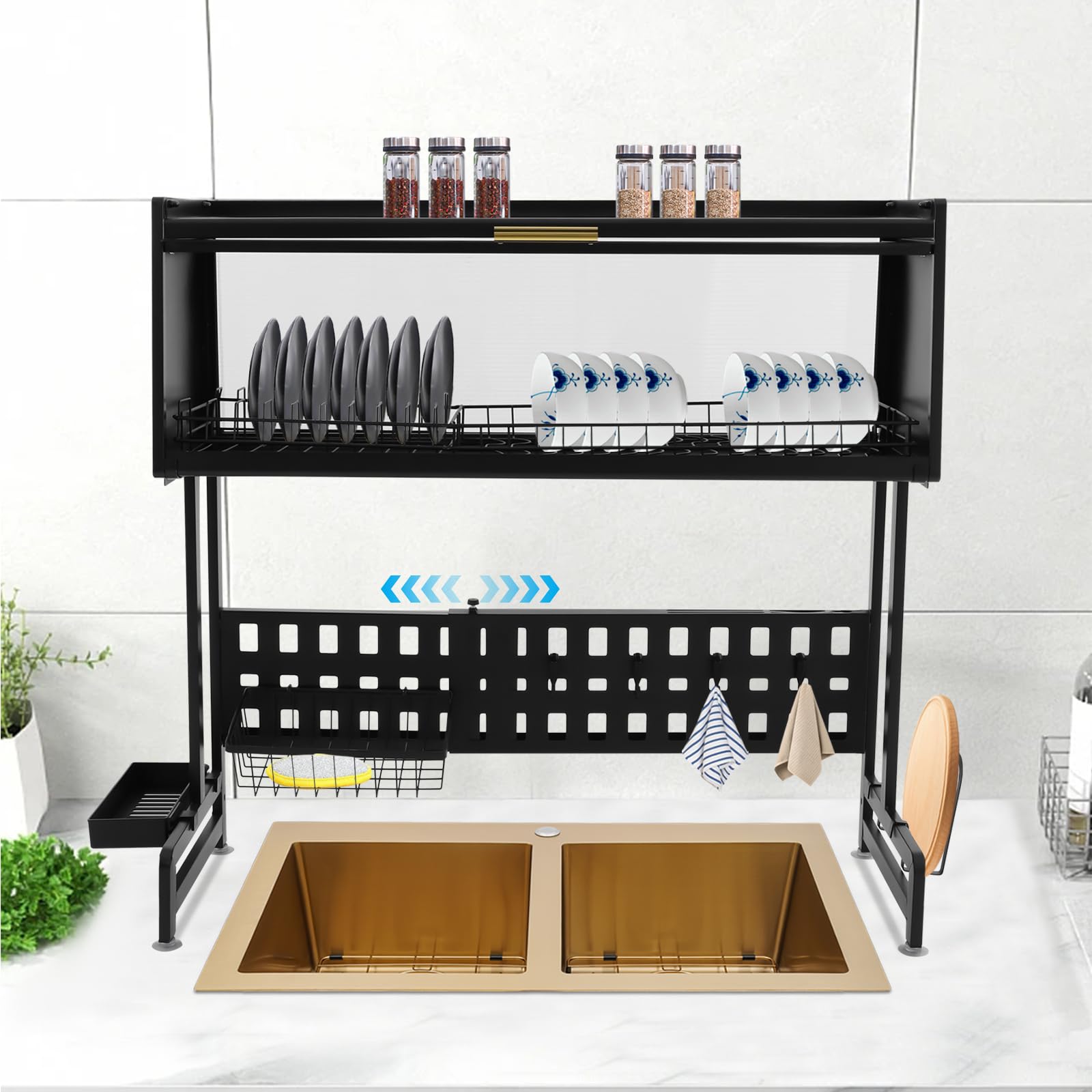 Escurreplatos de acero al carbono con soporte para utensilios, escurridor ajustable sobre el fregadero con agujeros de drenaje, soporte para platos con soporte para tabla de cortar