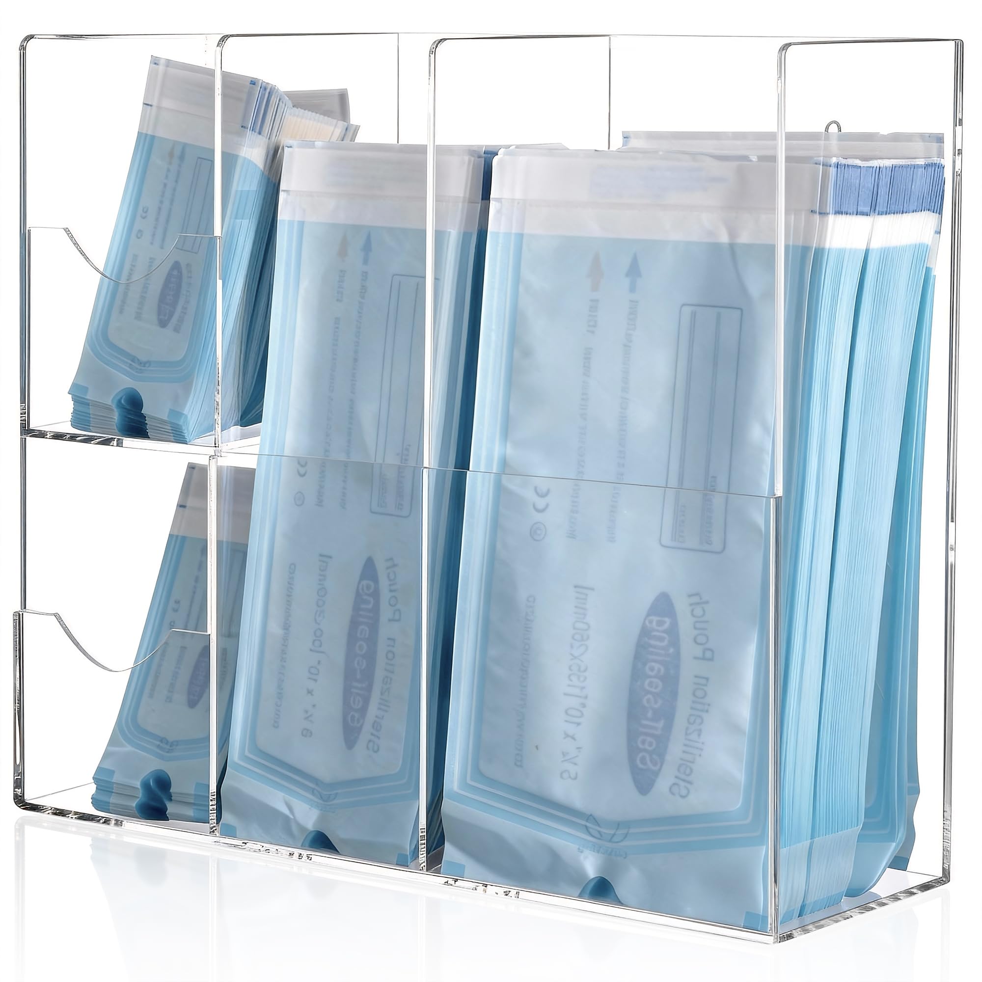 Bolsas de esterilización acrílicas, 4 compartimentos, para autoclave, organizador de bolsas para clínicas dentales, veterinarios y salones de uñas, transparente, 34,8 x 11,5 x 30 cm