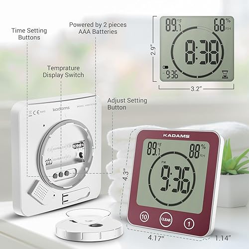 Miniatura 6 de KADAMS Reloj de pared digital para baño, ducha, cocina, temporizador con alarma, resistente al agua para rociar agua, temporizador de pantalla