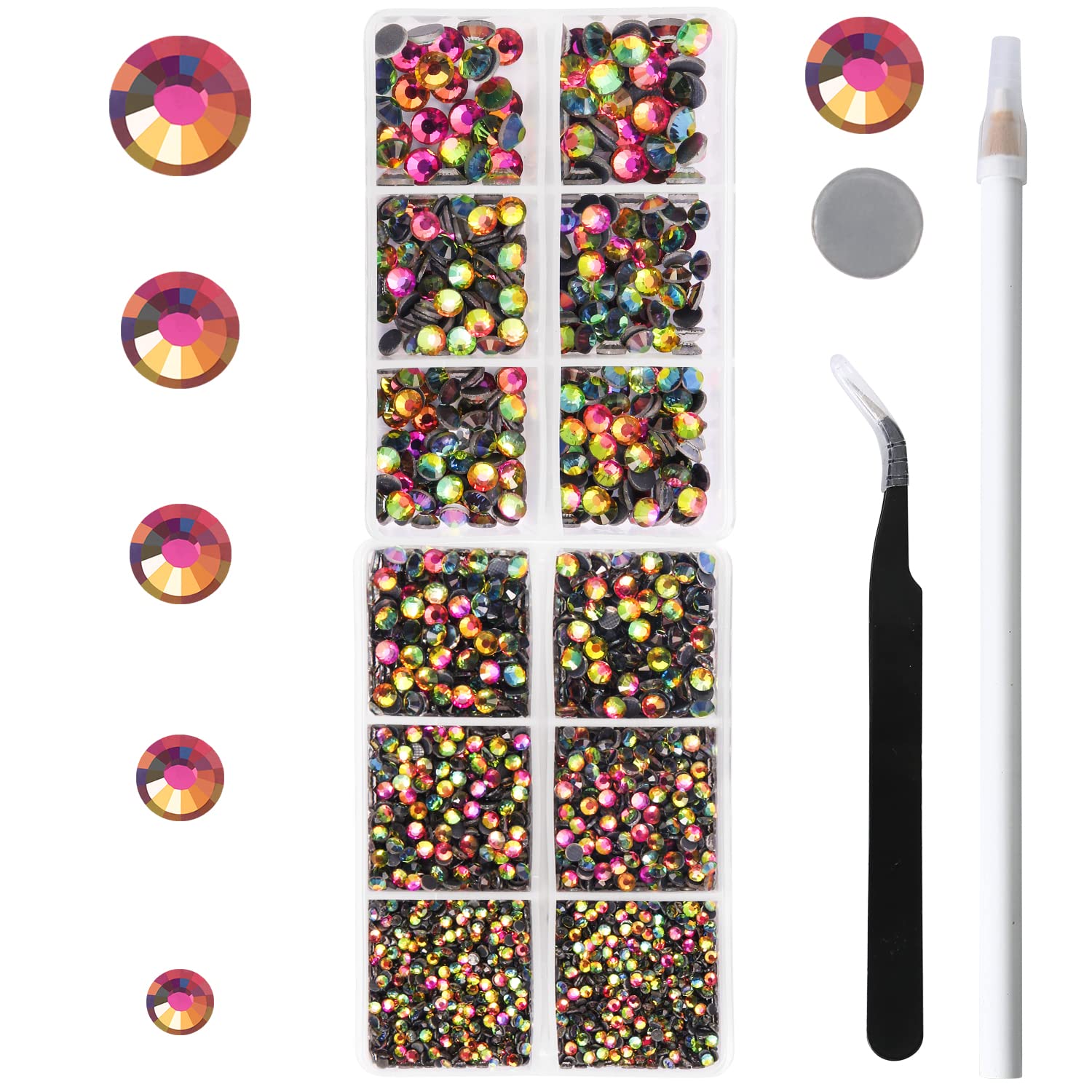 6796PCS Rainbow Hotfix Rhinestones Crystal Stones Glass for Fabric Clothes Shirts Sparkly Flat Back Round with Tweezers and Picking Pen (SS6~SS30 Set)