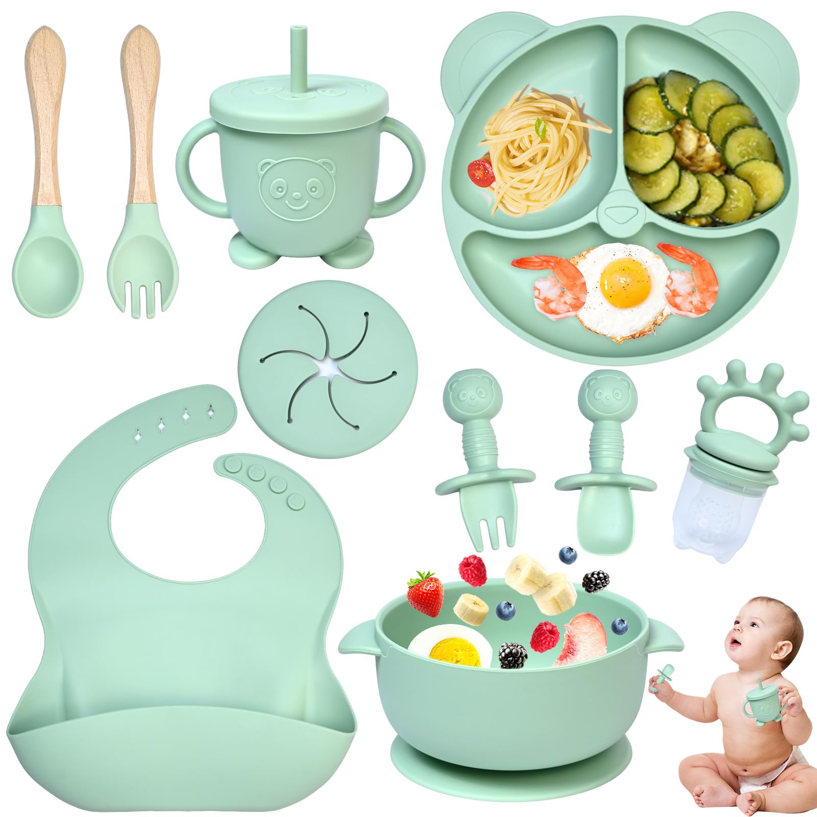 Set Svezzamento Dazhtu 10 Pezzi - Ciotola, Piatto Con Ventosa, Cucchiaio, Forchetta, Tazza E Bavaglino, In Silicone Sicuro Per Bambini, Colore Rosa - Foto 9