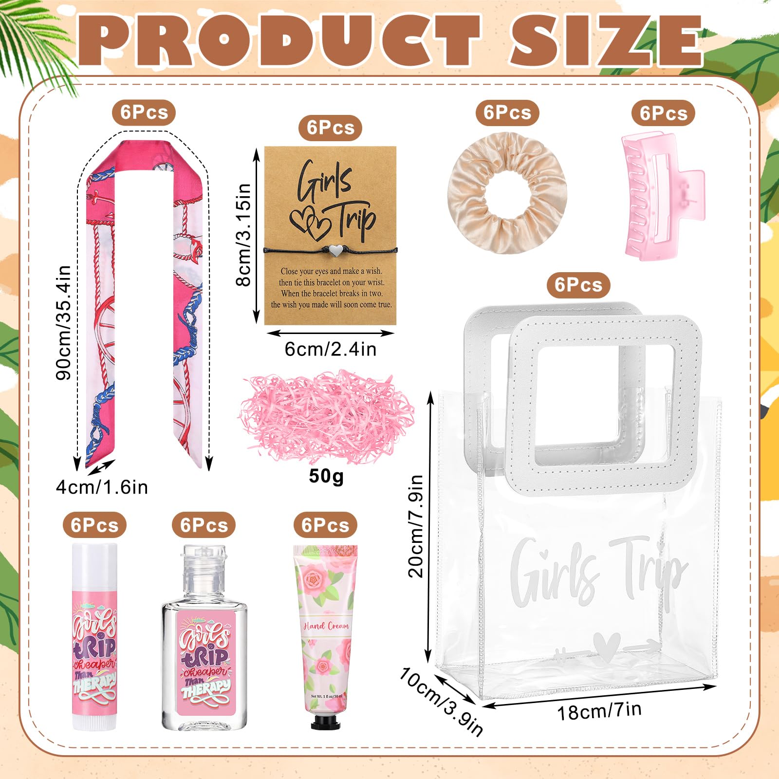 Leelosp 49 Pcs Girls Trip Favors 6 Sets 2026 Girls Weekend Gifts Handbag Lip Balm Hand Cream Hand Sanitizer Bracelet Scarves Hair Band and Hair Clips for Sisters Friends Bestie Bachelorette Party