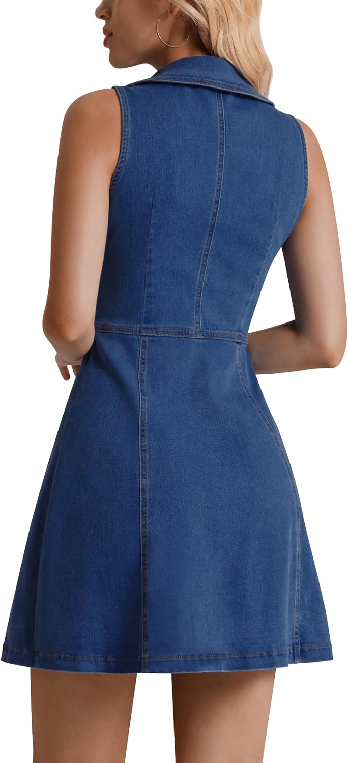 Denim Dress for Women, Button Down Sleeveless Jean Dress A-line Casual Denim Romper - Image 2