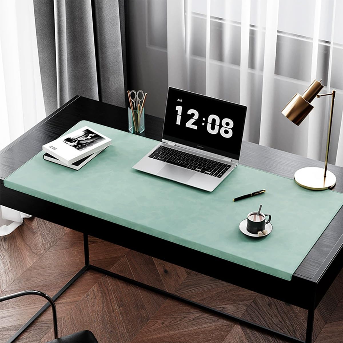Leather Edge-Locked Desk Pad with Edge Protector, Office Extended Keyboard Mouse Mat for Work Typing, Waterproof Smooth Study Desk Writing Mat Table Blotter (Light Green,90x43cm)
