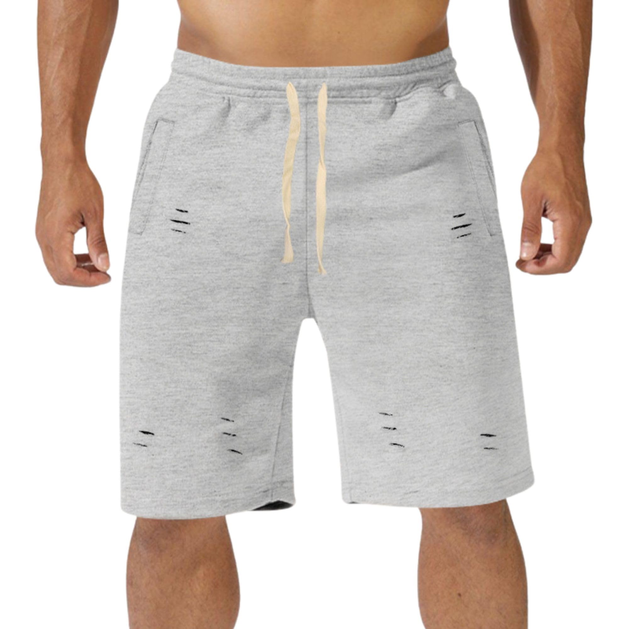 Mens Summer Ripped Shorts Casual Trendy Loose Workout Solid Color Drawstring Waisted Beach Shorts Gym Wear