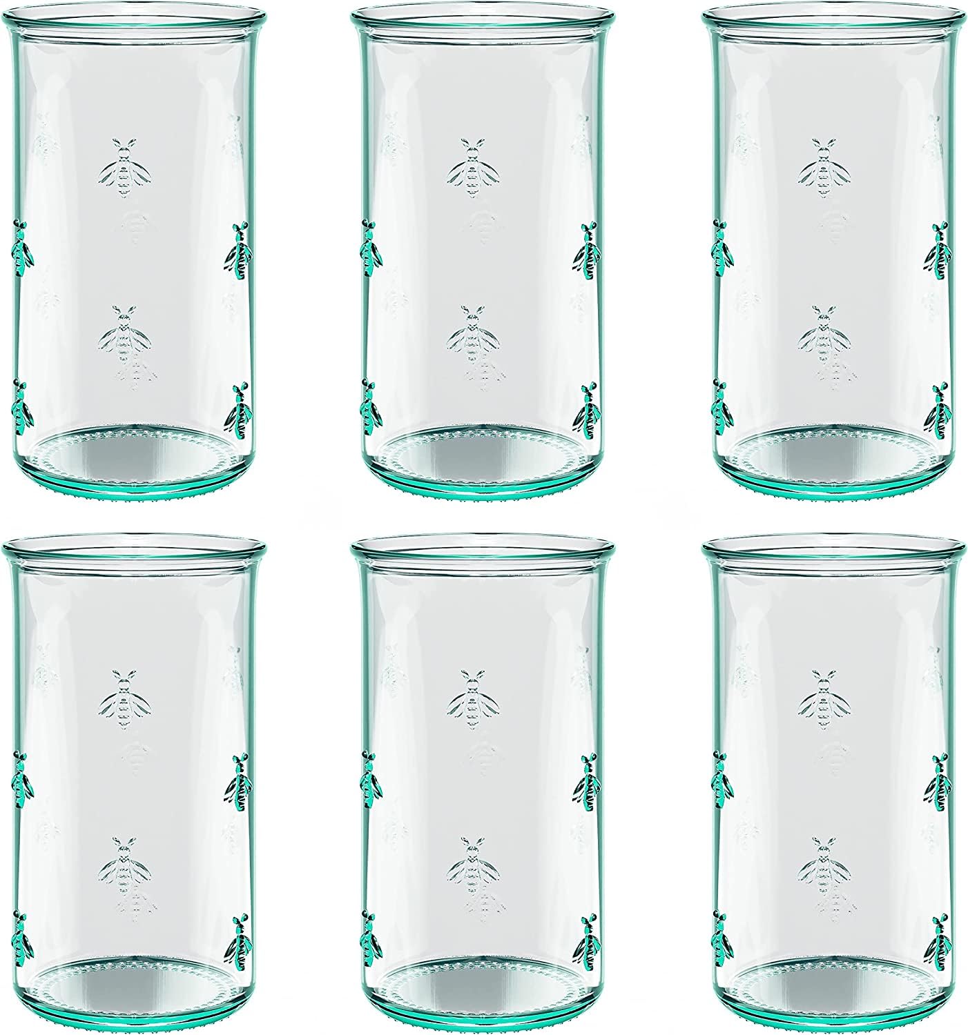 Amici Home Regina Hiball Glass | 18 Oz | Italian Made, Recycled Green Glass | Drinking Glass with Embossed Bee Design for Water, Juice, Iced Tea, Cocktails (Set of 6)