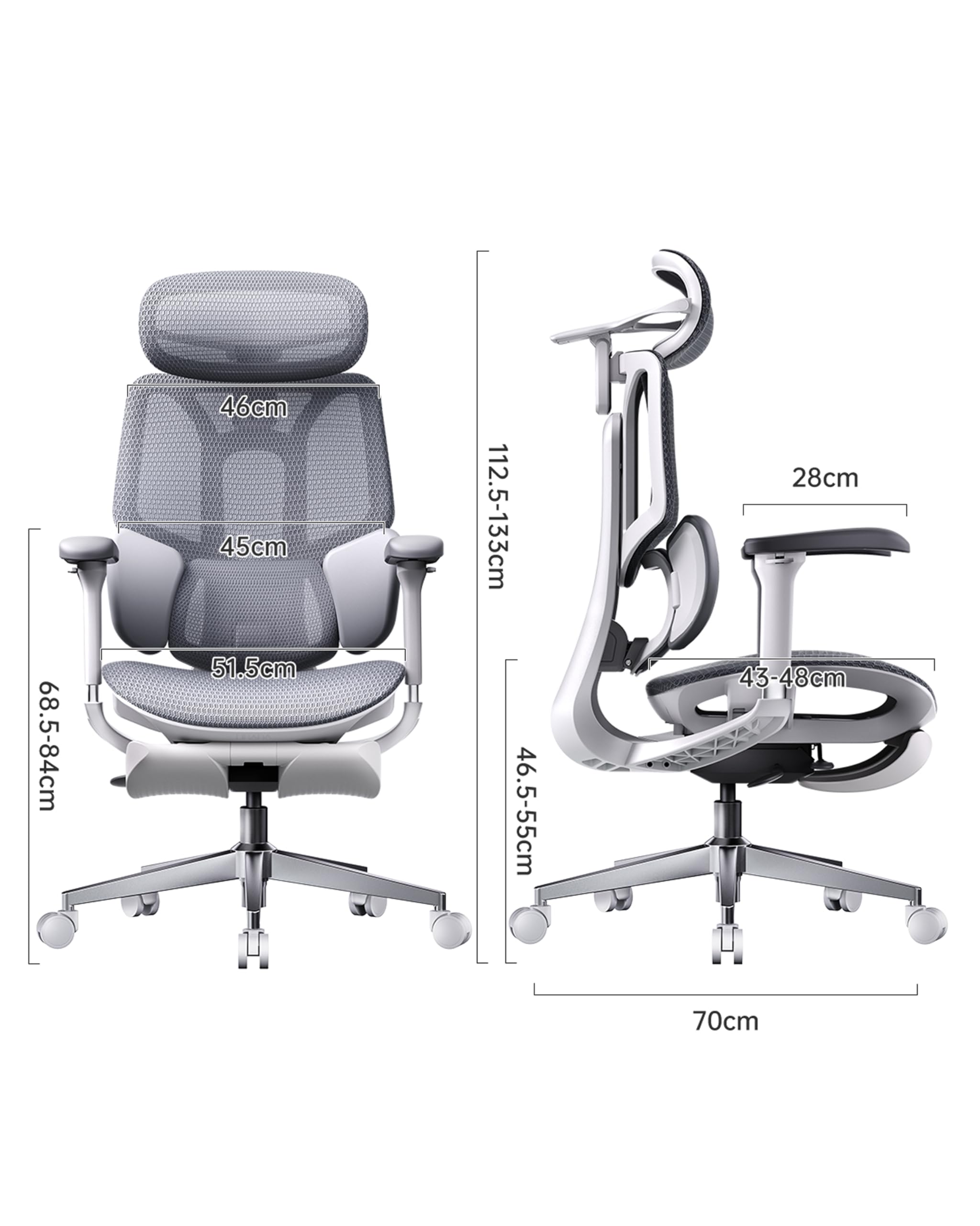 Hbada E3 Air Edycja 2026 Ergonomiczne Krzesło Biurowe, Fotel do Pracy Zdalnej z Siatki, 3-strefowe Wsparcie Lędźwiowe, Zagłówek, Podłokietniki 4D, Nachylenie 140°, Białe, Podnóżek